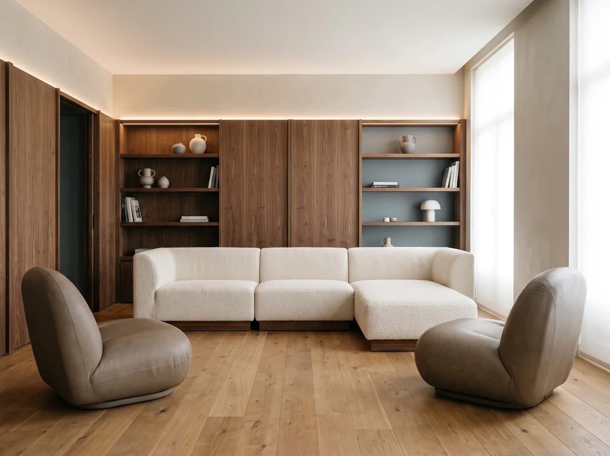 Krem bukle modüler koltuk ve ceviz duvar ünitesiyle döşenmiş modern salon