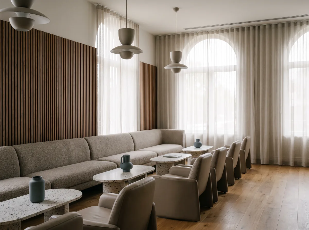 Bukle bankolu ve deri koltuklu butik otel lobisi